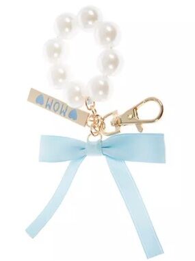 New Pearl Beaded 'MOM' Keyring with Light Blue Bow Bag Charm